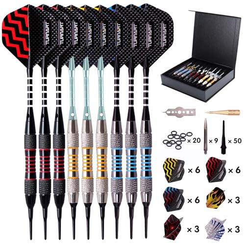 Turnart Darts Plastic Tip - Professional Soft Tip Darts Set for Electronic Dartboard 9 Pcs 18 Grams with 50 Extra Tips 9 Shafts 27 Flights Tool Kit Flight Protectors and Gift Darts Case (Tun