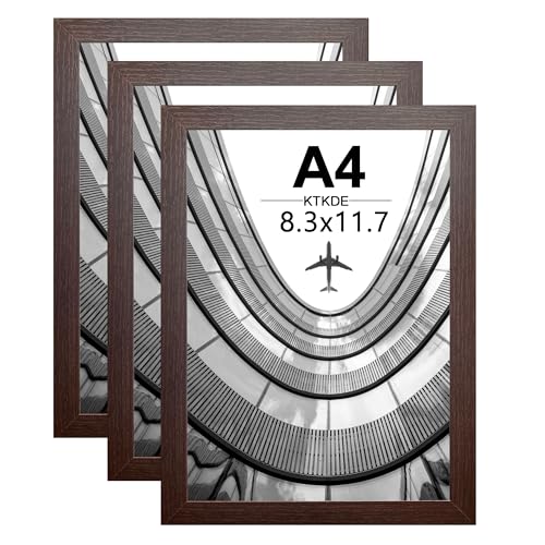 Image of KTKDE A4 Picture Frame Set of 3,Walnut Wooden Photo Frame for Certificate Poster and Photo, Horizontal or Vertical Formats 8.3x11.7 Frame with Shatter Resistant Plexiglass Home Decor best gift