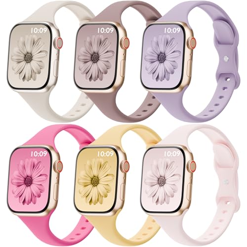 Image of 6 Pack Thin Silicone Compatible with Apple Watch Bands Women Men | Sport Strap Narrow Wristband for iWatch 38mm 40mm 41mm 42mm 44mm 45mm 46mm 49mm Series 11 10 9 8 SE 7 6 5 4 Ultra 3 2 1