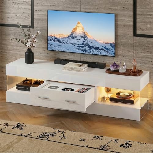 Image of Bestier 60 Inch White Modern TV Stand, LED Entertainment Center Console