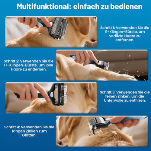 Yizhet Hundebürste Unterwolle 3 in 1, Doppelseitige Unterfellbürste mit Klingen 17+9, Unterwollbürste zur Entwirrung & Verfilzungen der Hunde Katzen mit Langhaar, dichtem Fell, Unterwolle, Knoten