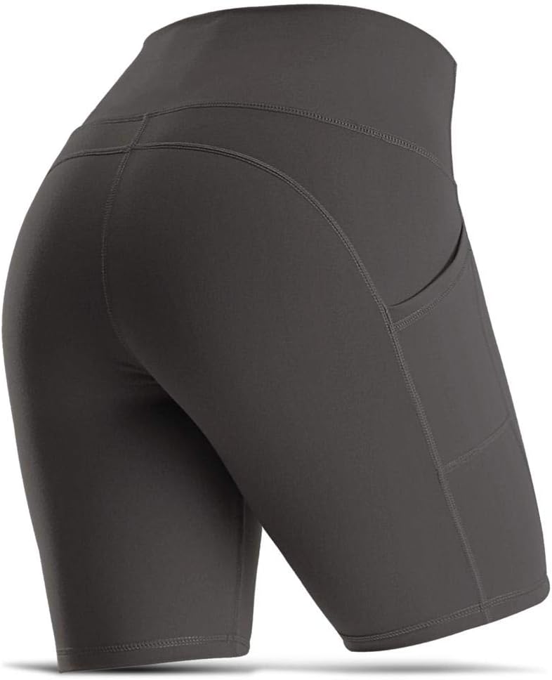 Krustallos Black Workout Shorts with Side Pockets for Women, Athletic Yoga Exercise Pilates Running, High Waist Tummy Control