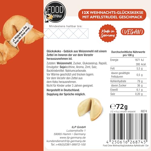 FOOD crew 12x Weihnachts Glückskekse mit Apfelstrudel Geschmack - Glückskeks mit festlichen Spruch einzeln verpackt - Weihnachtsglückskekse kleine Geschenkideen Weihnachten - Adventskalenderfüllungen