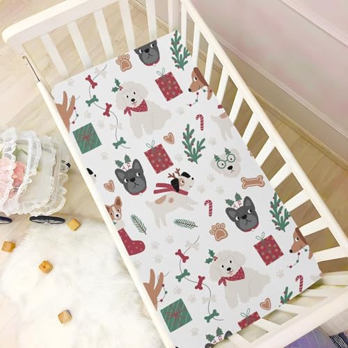 Image of CaTaKu Crib Sheets for Boys Girls Funny Christmas Dogs Baby Fitted Sheets for Mini Crib, Soft Toddler Bed Mattress Playard Sheet,27 inchx 39 inch