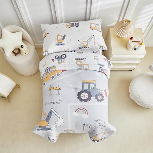 Image of JHXHMX 4 Pieces Toddler Bedding Set for Boys,Excavator Cars Truck Pattern Toddler Comforter Set,Soft Crib Bed Set Including Comforter,Sheets and Pillowcase-Gray