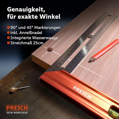 Presch Anschlagwinkel 250mm - Hochpräzise & Rostfrei - Innovatives Streichmaß 25cm - Exakter Schreinerwinkel inkl. Wasserwaage & Anreißnadel für ultimative Vielseitigkeit - Perfekte 90° & 45°