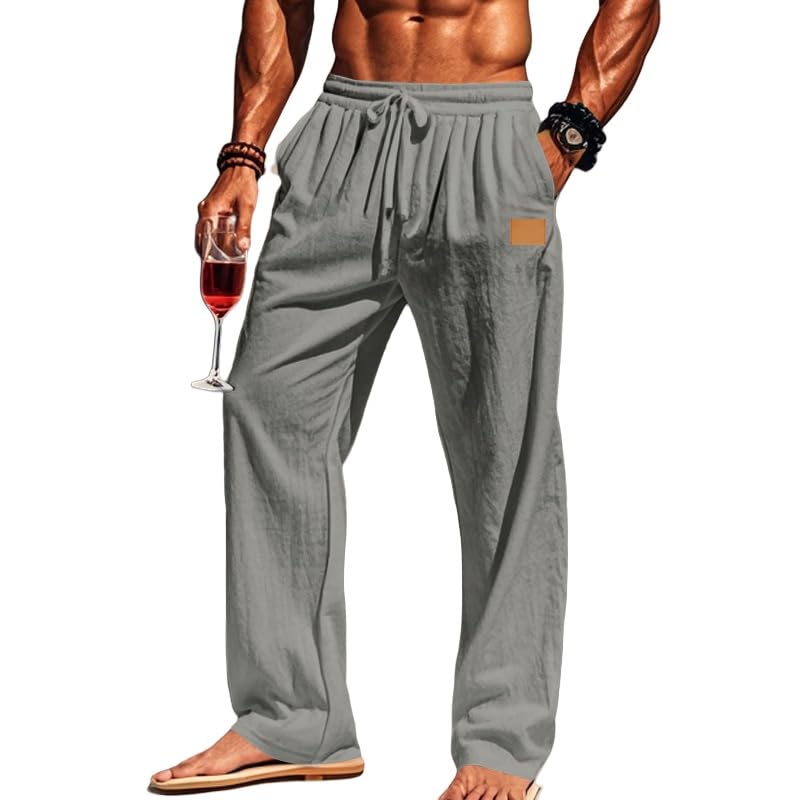 Mens Sweatpants Cotton Linen Waist Drawstring Straight Leg Casual Regular Fit Classic Trousers Outdoor Beach Pants