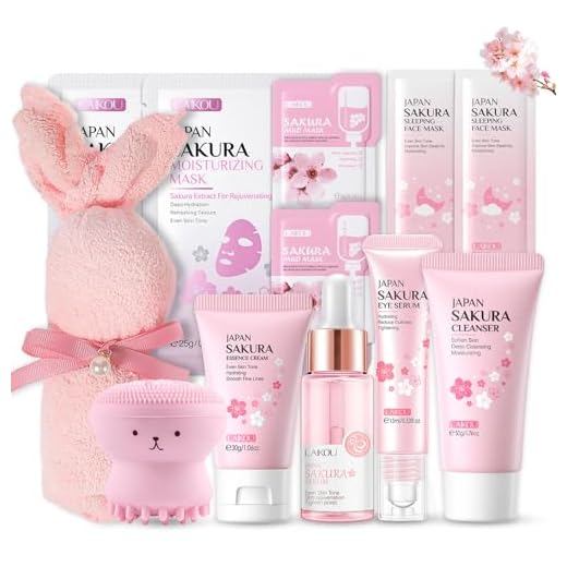 Shefave Sakura Gesichtspflege Set Damen, Skincare Set mit Reiniger, Serum, Creme, Augenserum, Gesichtsbürste, Handtuch, Schlafmaske, Skin Care Adventskalender, Beauty Set Teenager Mädchen