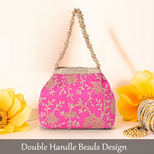 Image of Kuber Industries Pack of 2 Potli Bags for Ladies & Girls | Women Shagun Pouches for Festive Seasons | Bridal Purse | Moti Embroidery- Peach & Pink