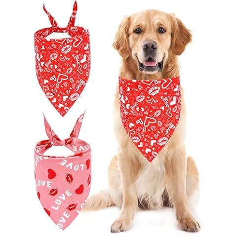 Valentine's Day Dog Bandanas, LMSHOWOWO 2 Pack Double Layer Reversible Triangle Valentines Day Dog Bandana, Love Valentine's Day Dog Scarf Pet Bandana for Medium Large Dogs（Large, Valentine's Day） Cover