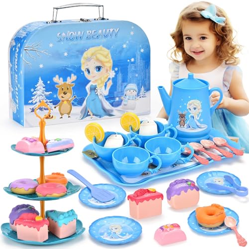 Lajeje 44Pcs Tea Party Set for Little Girls-Frozen Toys for Girls, Elsa Princess Tea Party Set, Kitchen Pretend Toy Plastic Tea Set, Desserts, Birthday Gift for Little Girls Toddlers Age 3-7 Year Olds