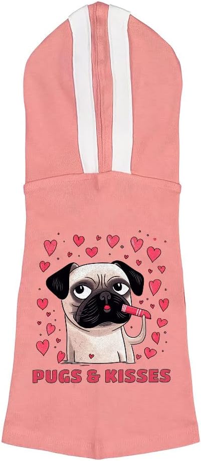 Pugs and Kisses Dog Shirt with Hoodie - Heart Design Dog Hoodie - Printed Dog Clothing - Pink White, M