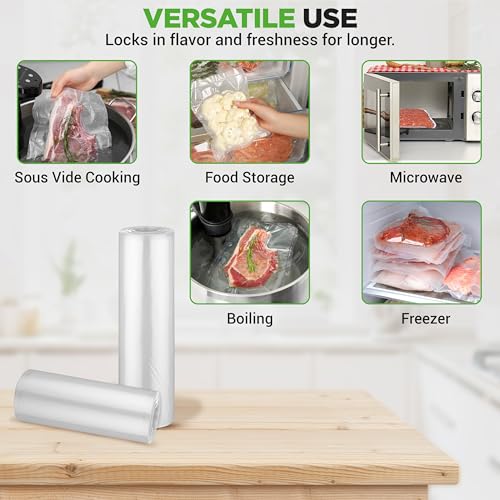 Image of NutriChef Vacuum Sealer Bags for Food 8 inch x 50' & 11 inch x 50' (2 Rolls, 100' Total) - Works with All Sealers, BPA-Free, Heavy-Duty, Multi-Layered - Freezer, Microwave & Sous Vide Safe