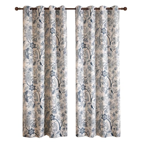 Image of ISAENNE Designer Elegant Linen Printed Curtains,2 Panels,94 inchx65 inch-Ruyi B | Vintage French Cottage Curtain with Grommets 63 inch long,Blue Floral Pattern Draps,kitchen Bedroom Living Room Window