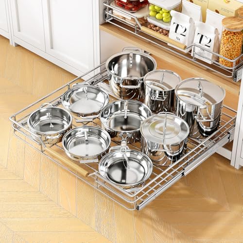 Image of Pull out Cabinet Organizer, 21 inchW X 21 inchD, Heavy Duty Smooth Sliding Under Cabinet Shelves for Pots and Pans, Full-Extension Roll out Drawers, Slide out Organization for Home Kitchen Pantry