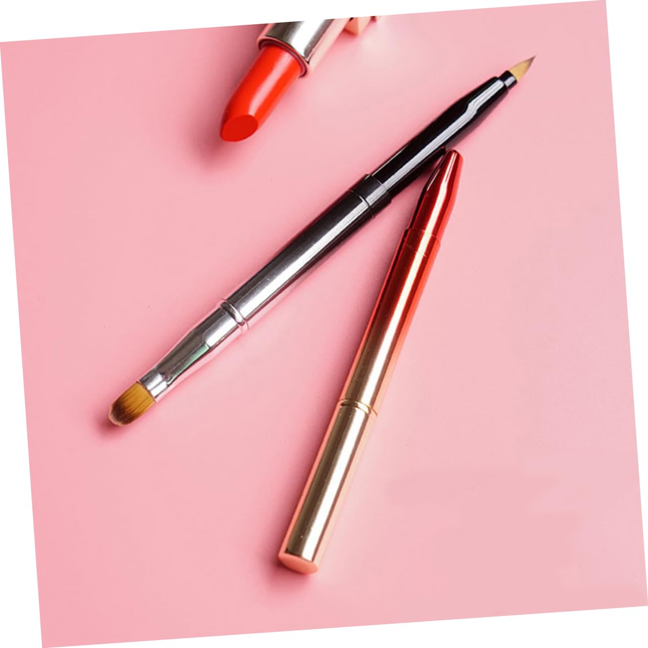 Beavorty 3pcs Lipstick Applicator Makeup Brush Retractable Lip Brush Metal Lid Portable Flexible for Lip Gloss