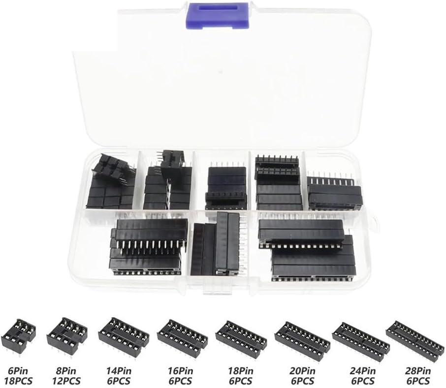 66PCS Flat Foot DIP IC Sockets Adaptor Solder Type Socket Kit 6,8,14,16,18,20,24,28 Pin Suite Box