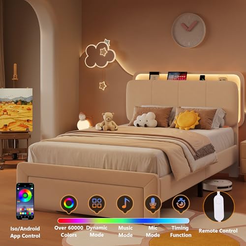 Image of Feonase Twin Upholstered Bed Frame with Storage Drawers and Headboard, Built-in Charging Station, Velvet Platform LED Bed with Solid Wood Slat Support, No Box Spring Needed, for Girls and Kids, Beige