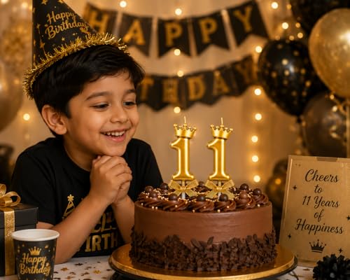 Image of Premium Gold Crown Number 11 Candle for Birthday & Anniversary Cake Decoration | Metallic Gold Cake Topper Candle for Kids Boys Girls Party Celebration, 2 pc