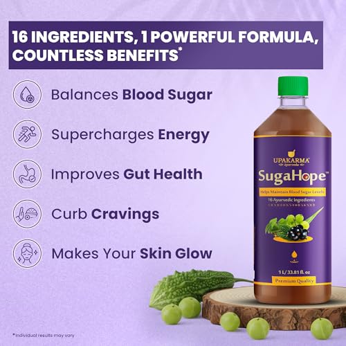Image of Upakarma Ayurveda SugaHope Diabetic Care Juice | 16 Ayurvedic Herbs like Karela, Jamun, Gudmar, Neem, Giloy & Amla | Supports Healthy Blood Sugar Levels | 1L Herbal Juice