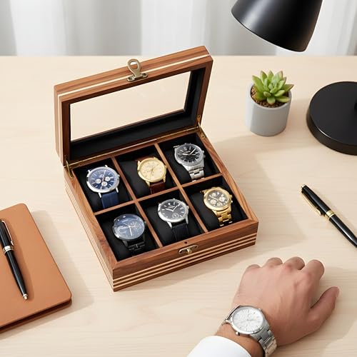 Image of Watch box for women & men, Wooden organizer, Handmade Holder For Men, Custom Valet Box with Brass Lock, Christmas, Anniversary, Valentine;s Day, Father's Day (Dark Brown 6 Slots)