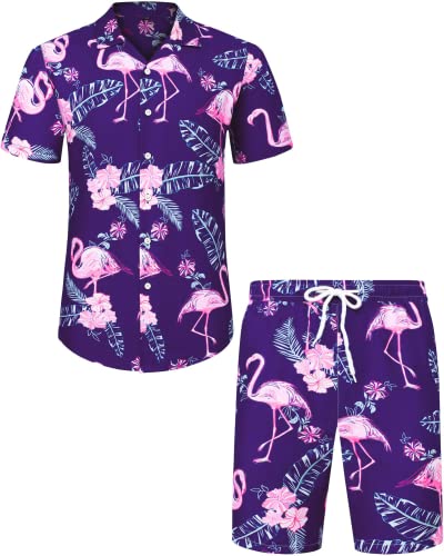 J.VER Herren Hawaiihemd Flamingo Floral Kurzarmhemd und Shorts Sommer Beach...