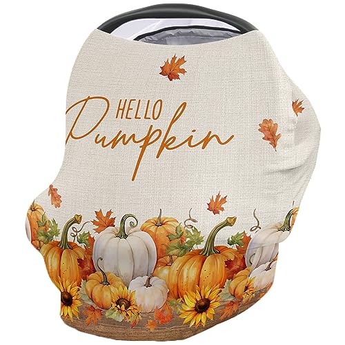 Nursing Cover for Breastfeeding Scarf, Hello Pumpkins Sunflowers Fall Maple Leaf Thanksgiving Baby Car Covers Super Soft Multi Use for Canopy Shopping Cart Cover Blanket Stroller Cover