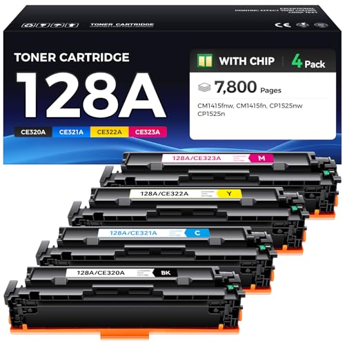 128A Toner Cartridge 4-Pack Black Cyan Yellow Magenta High Yield Replacement for 128A CE320A CE321A CE322A CE323A Compatible with HP Laserjet Pro Color MFP CM1415fn CM1415fnw CP1525nw CP1525n Printer