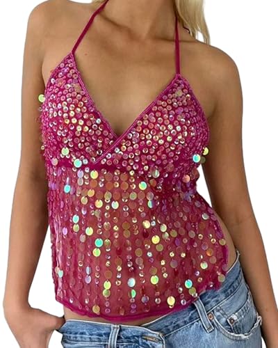 Damen Pailletten Camisoles Sommer Glitzer Neckholder V-Ausschnitt ärmellos Spaghettiträger Ausgeh-Top Y2K rückenfrei Tank Tops Streetwear S