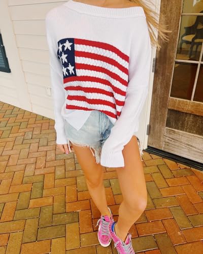 Women's American Flag Graphic Sweater Vintage Loose Hollow Out 4th of July Jumper Summer USA Flag Pullover Top3