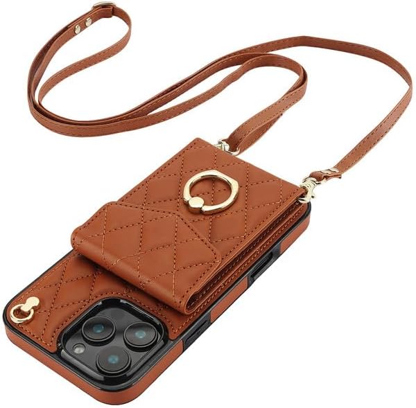 Phone Purse for iPhone 16 Pro Max, Crossbody Wallet Case with Strap, RFID Blocking PU Leather Kickstand Ring Holder Handbag Folio Case with Card Holder for iPhone 16 Pro Max 6.9 Inch (Brown)