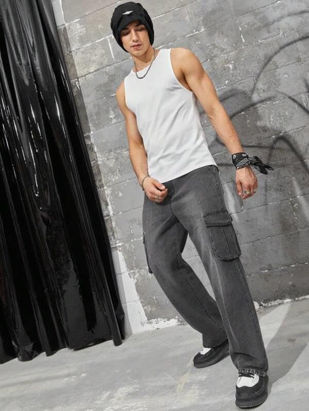 Image of KOTTY Men's Loose Fit Cargo Denim Jeans - Vintage Washed Utility Jeans with Side Pockets