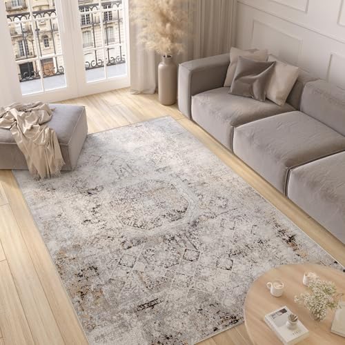 TAPISO Valley Tapis Poil Court Moderne Vintage Gris Beige Moucheté Géométrique Motif Ornamental Tapis Salon Chambre Adulte Salle à Manger Bureau Oeko-TEX Résistant 200 x 300 cm
