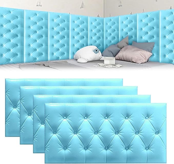 MOTTK 4/6/8 Pack 3D Anti Collision Wall Padding Panels,70x35cm DIY Peel and Stick Headboard Panel Wall Cushion Protection for Bedroom Nursery (Blue,4)