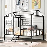 Full House Bed with Fence Railings Metal Cabin Bed Frame with Ladder Child Fun Tent Beds for Toddler Kids Boys Girls Teens, Full Size, Black