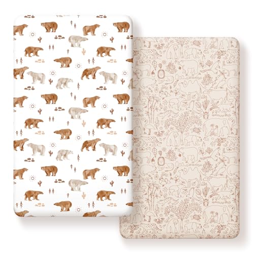 Image of Stretchy Ultra Soft Jersey Knit Fitted Crib Sheets Set 2 Pack，Universal Fit All Standard Crib Mattress Pads Safe and Snug, Crib Fitted Sheet for Boys and Girls, Cute Animals Print