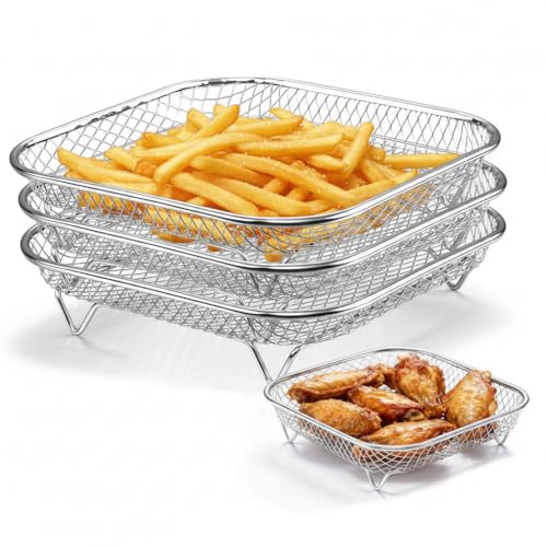 P&P CHEF 7.72 Inch Square Air Fryer Rack Set of 3, Stackable Stainless Steel Air Fryer Basket Accessories, Deep Dehydrator Racks Frying Baskets for Baking Roasting, Oven & Dishwasher Safe