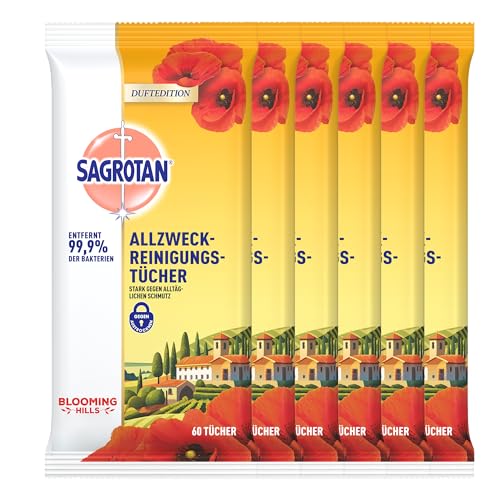 Sagrotan Allzweck-Reinigungstücher Blooming Hills – Zur praktischen Reinigung von Oberflächen – 6 x 60 Feuchttücher in wiederverschließbarer Verpackung