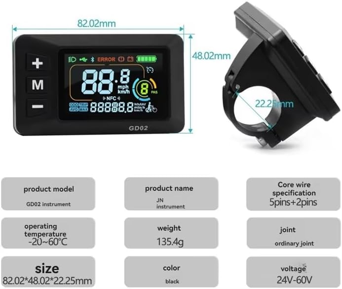 Dimensions of the GD02 display and mounting bracket