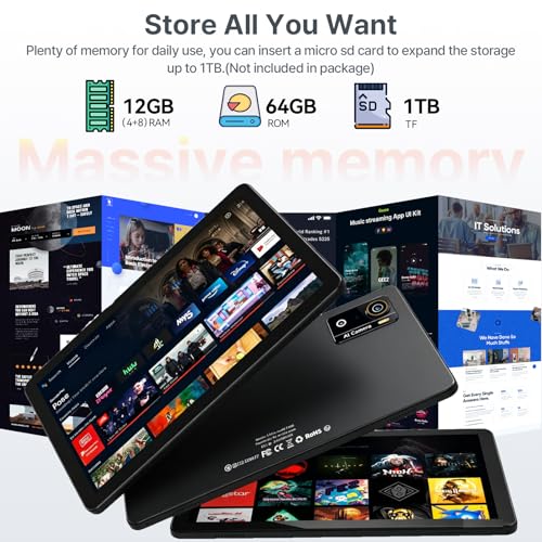 Image of Tablet 10.1 Inch, Android 16 Tablet with 12GB RAM 64GB ROM (TF 2TB), Octa-Core Processor, 5G WiFi Tablets, 7000mAh Battery, GPS, Google Gemini AI Tablet, Tablets for Adults Students Kids 2026 Upgraded
