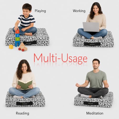 Image of Woven Quilted Floor Cushion 50x50x10cm White and Black Animal with Cotton Filler Large Size for Seating, Patio Seat, Meditation, Yoga, Pooja, Guests, Living Room, Bedroom - 20x20x4 Inch