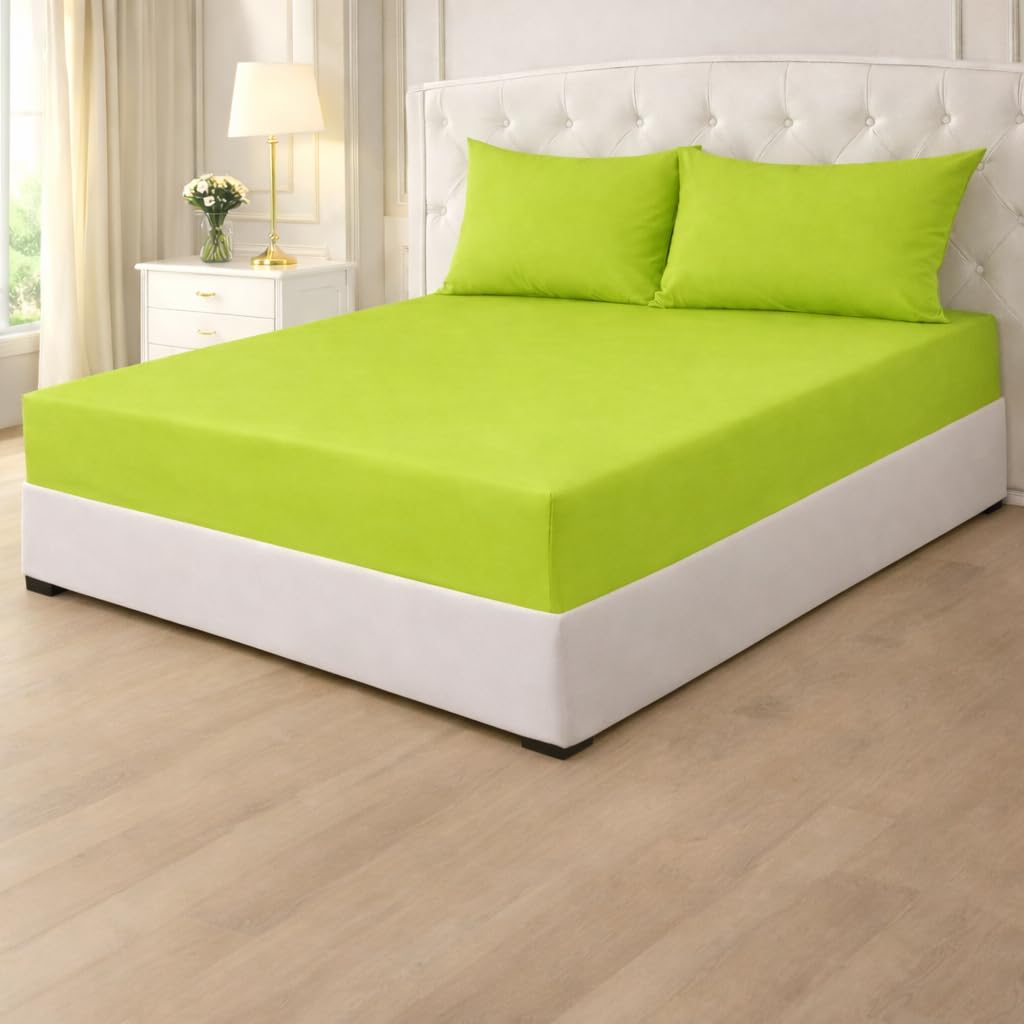 Poly Cotton Fitted Sheets 25cm,Plain PolyCotton Fitted Bed Sheets,Shrinkage & Fade Resistant Percale Quality Fitted Sheets,Non Iron Easy Care (Lime Green, Super King)