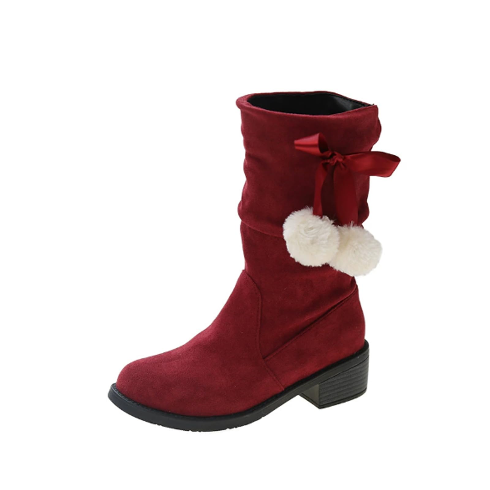 Womens Suede Slip-On Mid Calf Boots Lace Up with Side Pom Round Toe Fur Lined Diagonal Side Bow