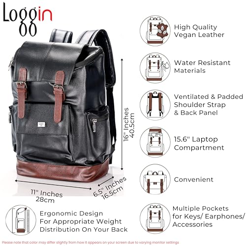 Image of LOGGIN 15.6 Inch Unisex Laptop Backpack for Men & Women | Premium Vegan Leather Water-Resistant Bag | Stylish Office, College & Travel Backpack with Anti Theft Design Multiple Pockets