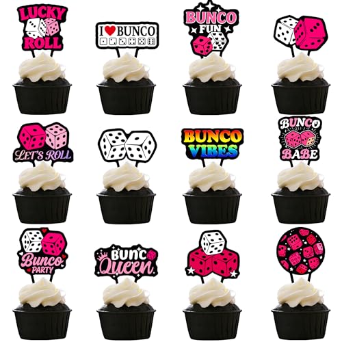 48Pcs Bunco Cupcake Toppers Dice Themed Cake Picks Bunco Babe Lucky Roll Decorations for Bunco Game Night Casino Vegas Birthday Bachelorette Girls Night Party Supplies