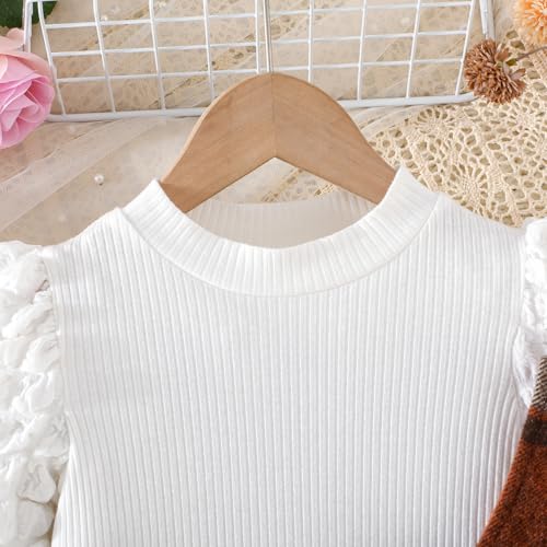 Image of Toddler Girls Christmas Outfits Girls Puff Sleeve Knit Ribbed Tops Button Down Vest Plaid Skirt Set Winter Clothes