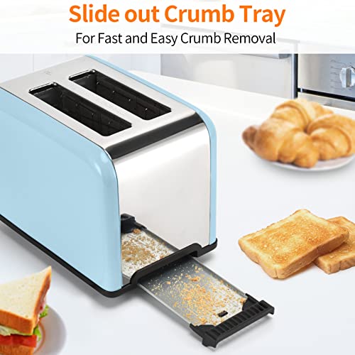 2 Slice Toaster With Led Timer Display, Stainless Steel Bread Toasters With Warming Rack, Extra Wide Slots, 6 Bread Shade Settings, Bagel/Defrost/Cancel Function, Removable Crumb Tray,120V/825W, Blue #TOP6