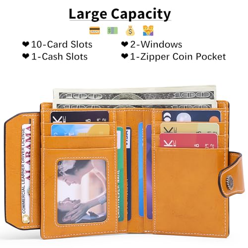 Image of Falan Mule Women's Wallet, Genuine Leather, Bifold, RFID Blocking, Antique Yellow, 10 Slots, 2 Windows, 1 Zipper Pocket, 2 Compartments