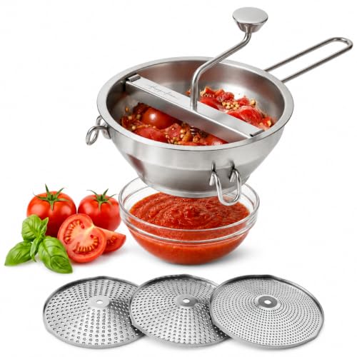 Stainless Steel Food Mill with 3 Discs &ndash; Ergonomic Rotary Hand Crank for Tomato Sauce, Applesauce...