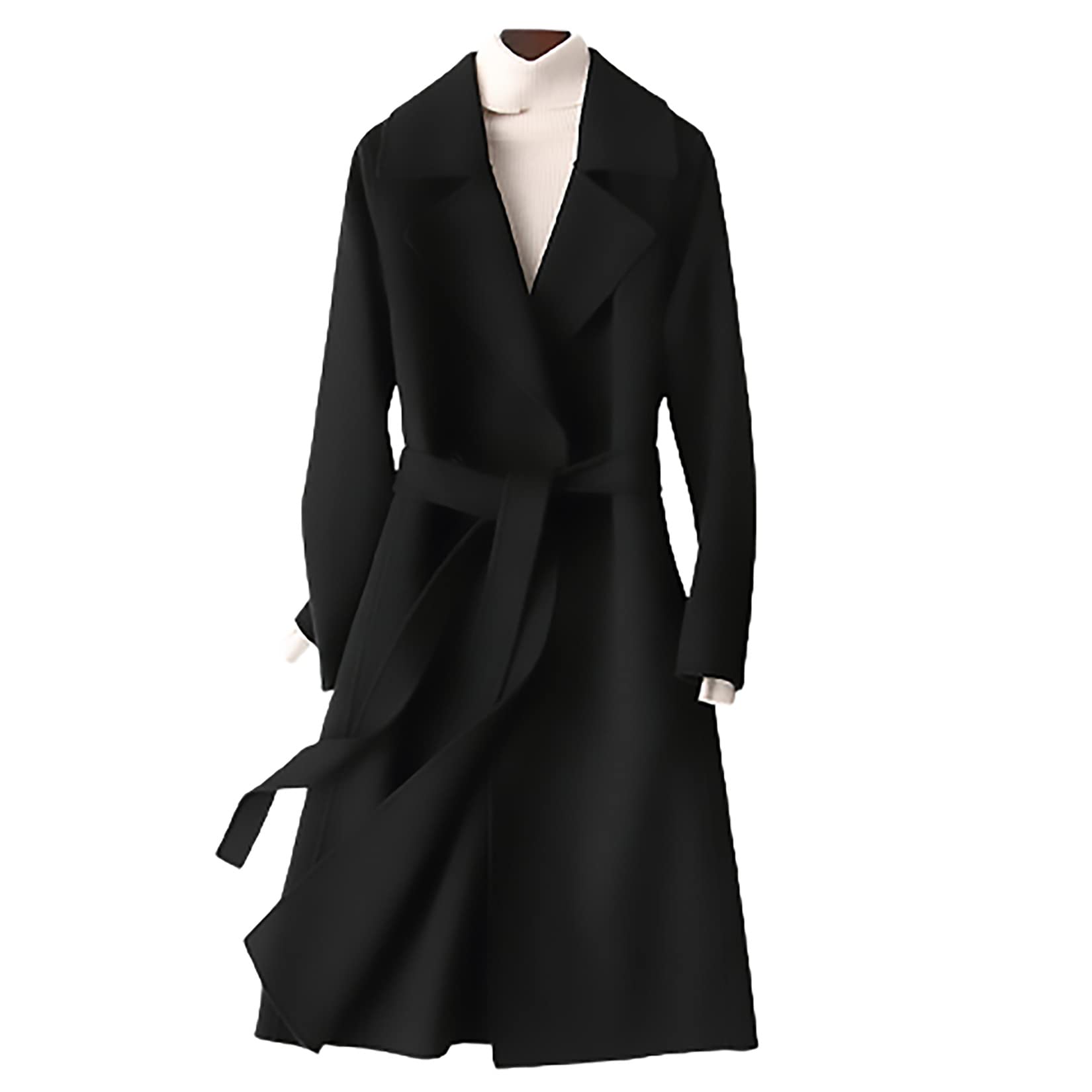 GDXH Womens 100% Wool Trench Coats with Belt, Winter Slim Warm Long Woolen Overcoat Long Sleeves Cardigan Jackets Outwear